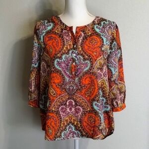 Umgee USA blouse top paisley print size medium teal orange multicolor for Fall